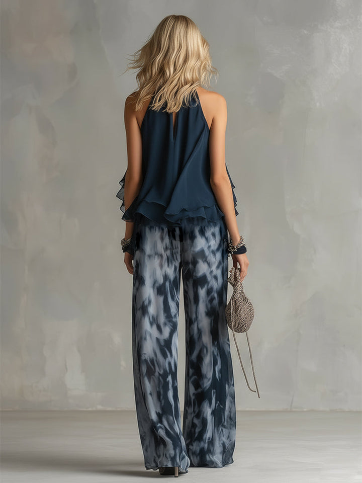 Ludovica - elegant din chiffon cu top cu guler înalt și pantaloni largi imprimeu