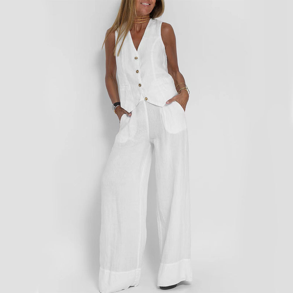 Top de vară fără mâneci și pantaloni drepți largi