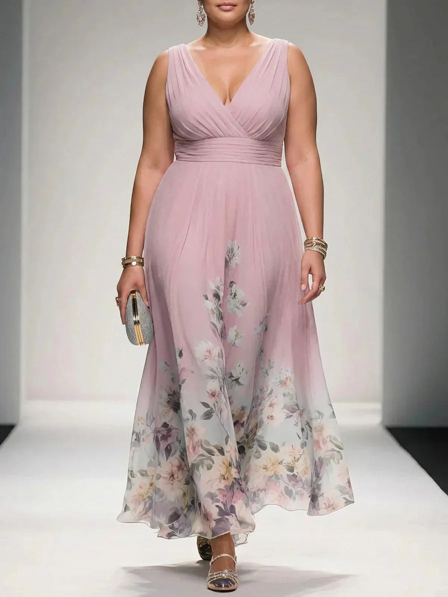 Rochie Maxi Chiffon Floral Albastru Deschis cu Decolteu în V