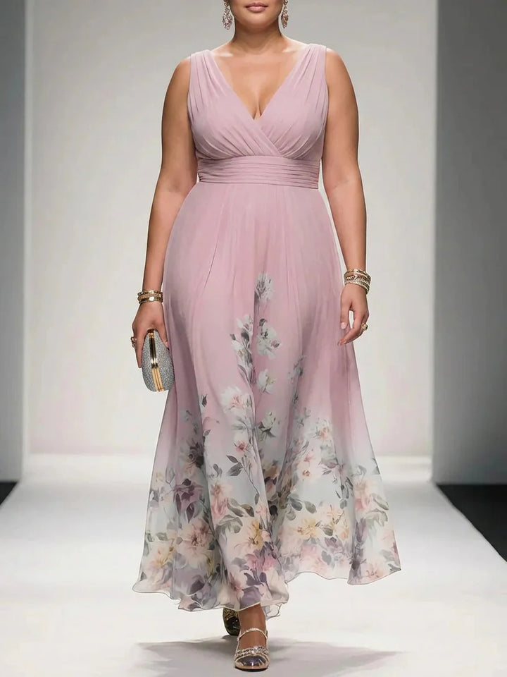 Rochie Maxi Chiffon Floral Albastru Deschis cu Decolteu în V