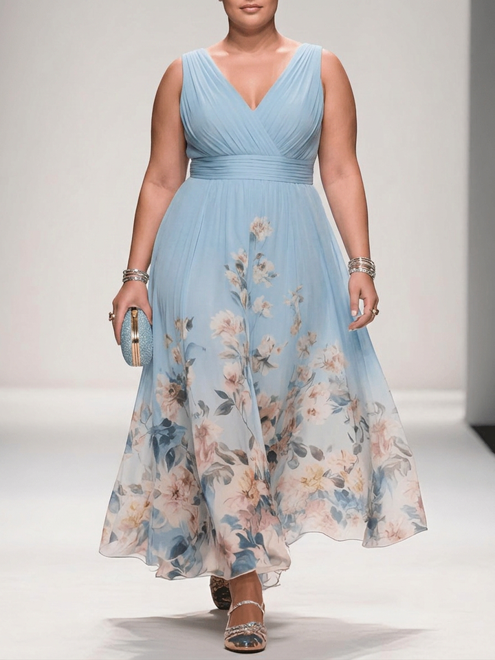 Rochie Maxi Chiffon Floral Albastru Deschis cu Decolteu în V