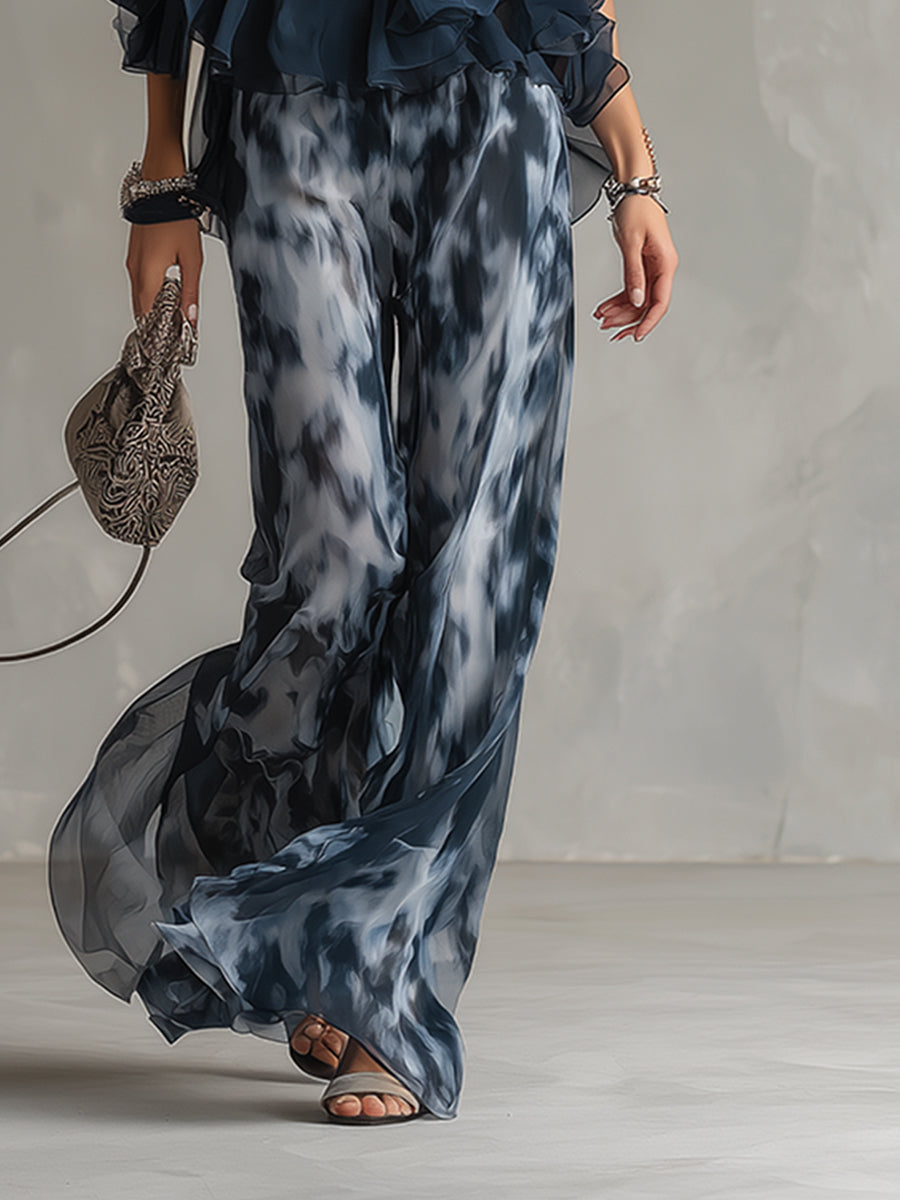Ludovica - elegant din chiffon cu top cu guler înalt și pantaloni largi imprimeu