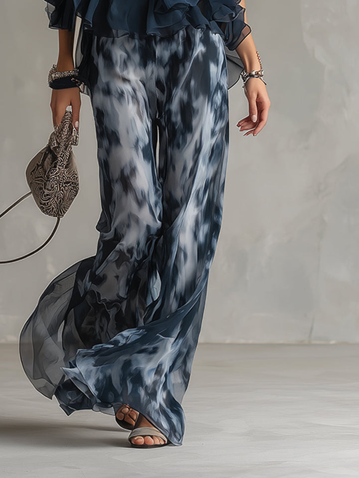 Ludovica - elegant din chiffon cu top cu guler înalt și pantaloni largi imprimeu