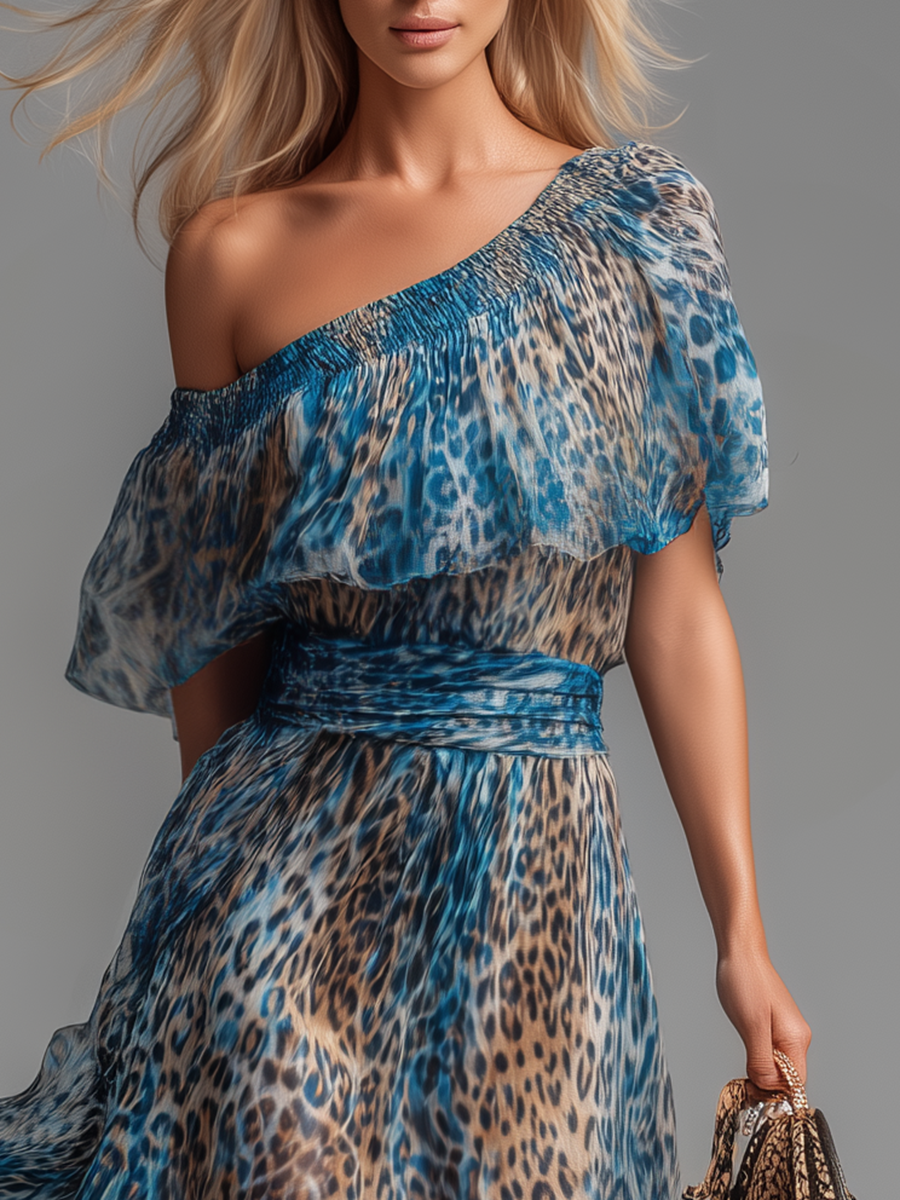 Selvaggia - Rochie lungă din chiffon cu imprimeu leopard și umeri descoperiți