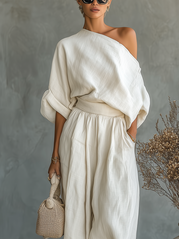 Lisa | Set bluză moale cu umeri descoperiți și pantaloni tapered