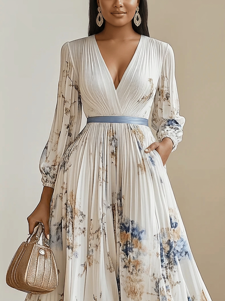 Amalia | Rochie Maxi din Chiffon Alb cu Mâneci Tip Balon