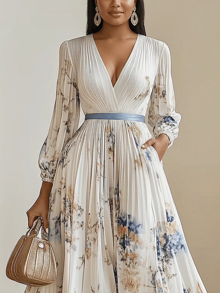 Amalia | Rochie Maxi din Chiffon Alb cu Mâneci Tip Balon