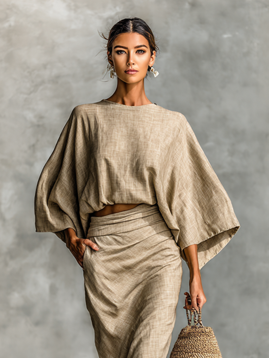 Selene | Set format două piese cu bluză cu mâneci lărgite și fustă maxi