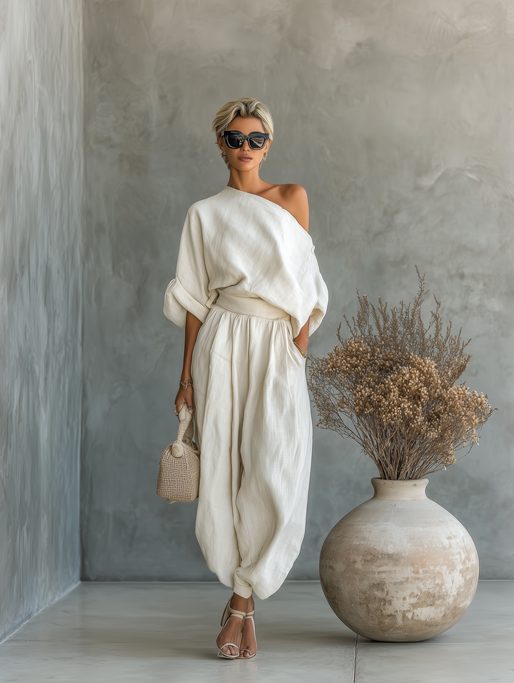 Lisa | Set bluză moale cu umeri descoperiți și pantaloni tapered