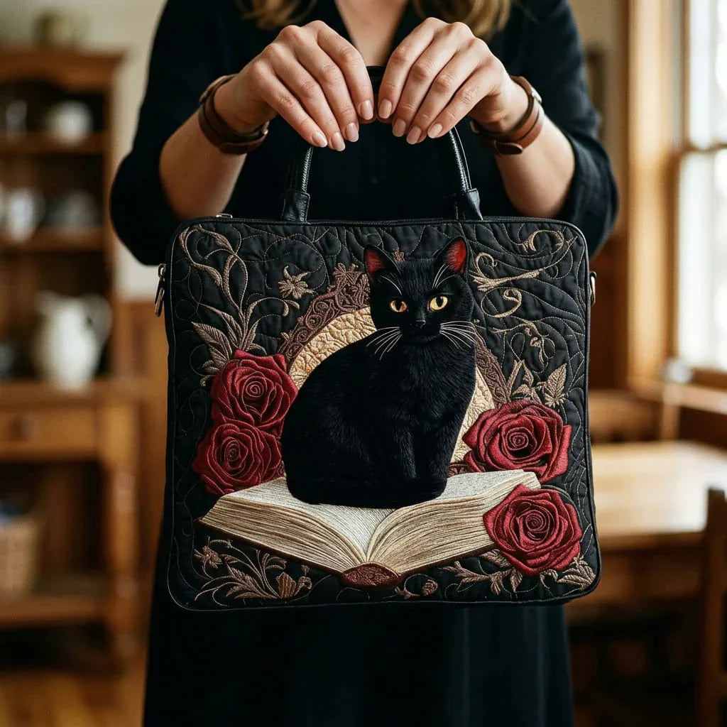 Geantă quilted handmade - Pisica neagră pe cărți