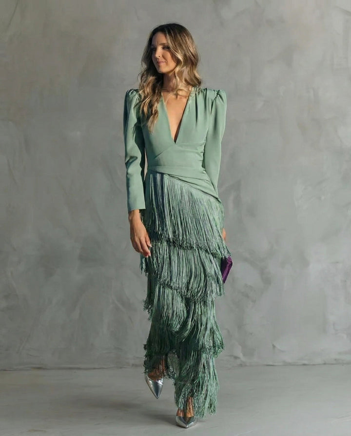 Chiara - Rochie elegantă cu mâneci cu franjuri
