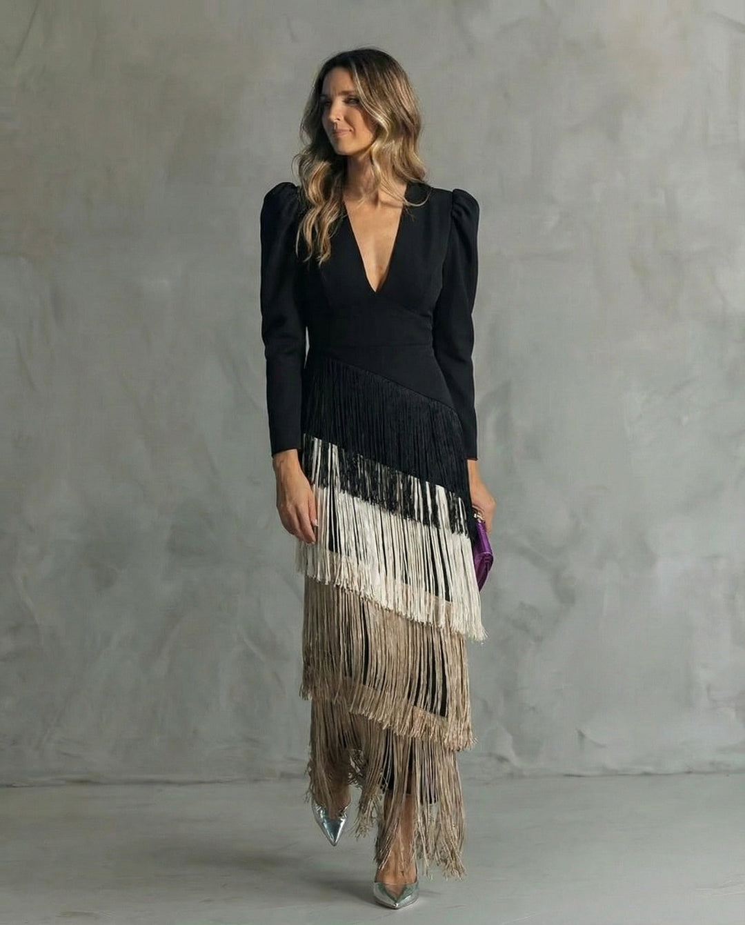 Chiara - Rochie elegantă cu mâneci cu franjuri