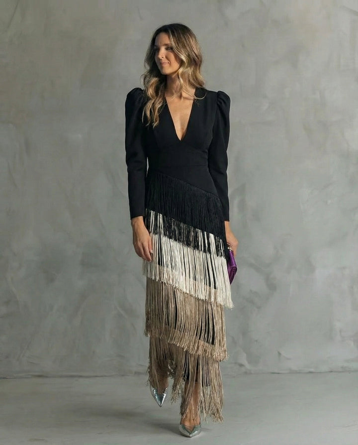 Chiara - Rochie elegantă cu mâneci cu franjuri