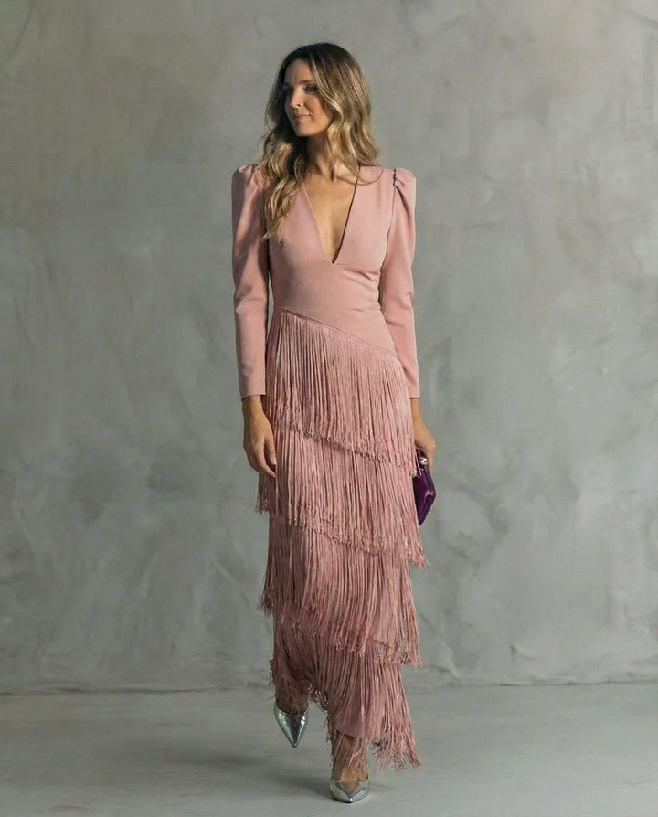 Chiara - Rochie elegantă cu mâneci cu franjuri