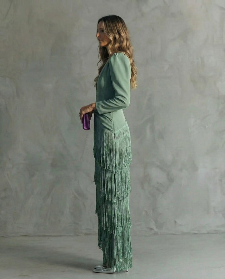 Chiara - Rochie elegantă cu mâneci cu franjuri