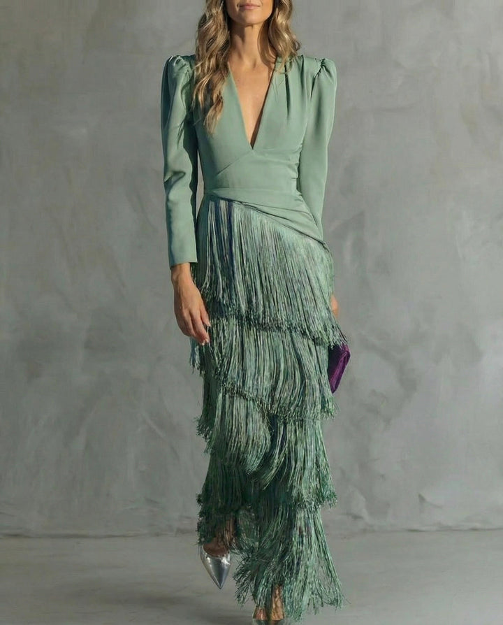 Chiara - Rochie elegantă cu mâneci cu franjuri