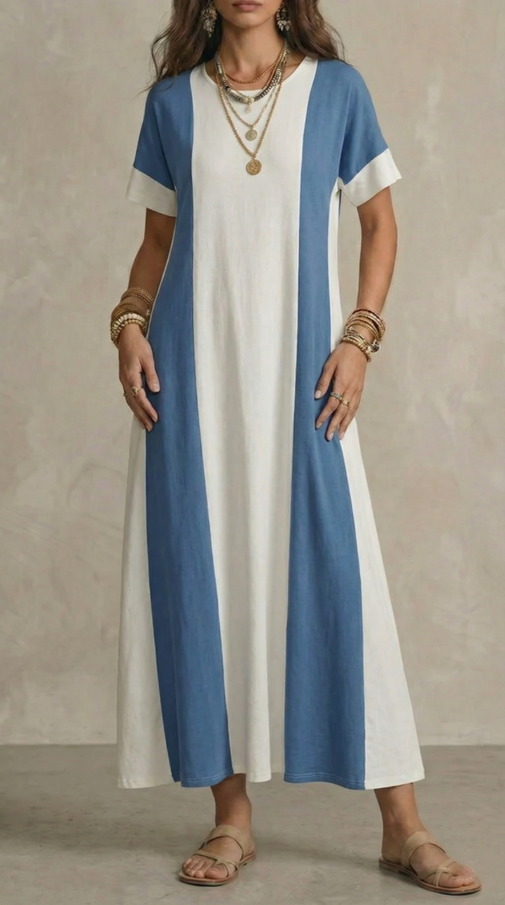 Soraya | Rochie Maxi cu Mâneci Scurte Color Block