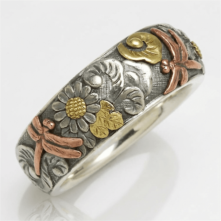 RING VINTAGE DIN ARGINT CU LIBELULĂ ȘI FLOAREA SOARELUI, FĂCUT ÎN MÂNĂ