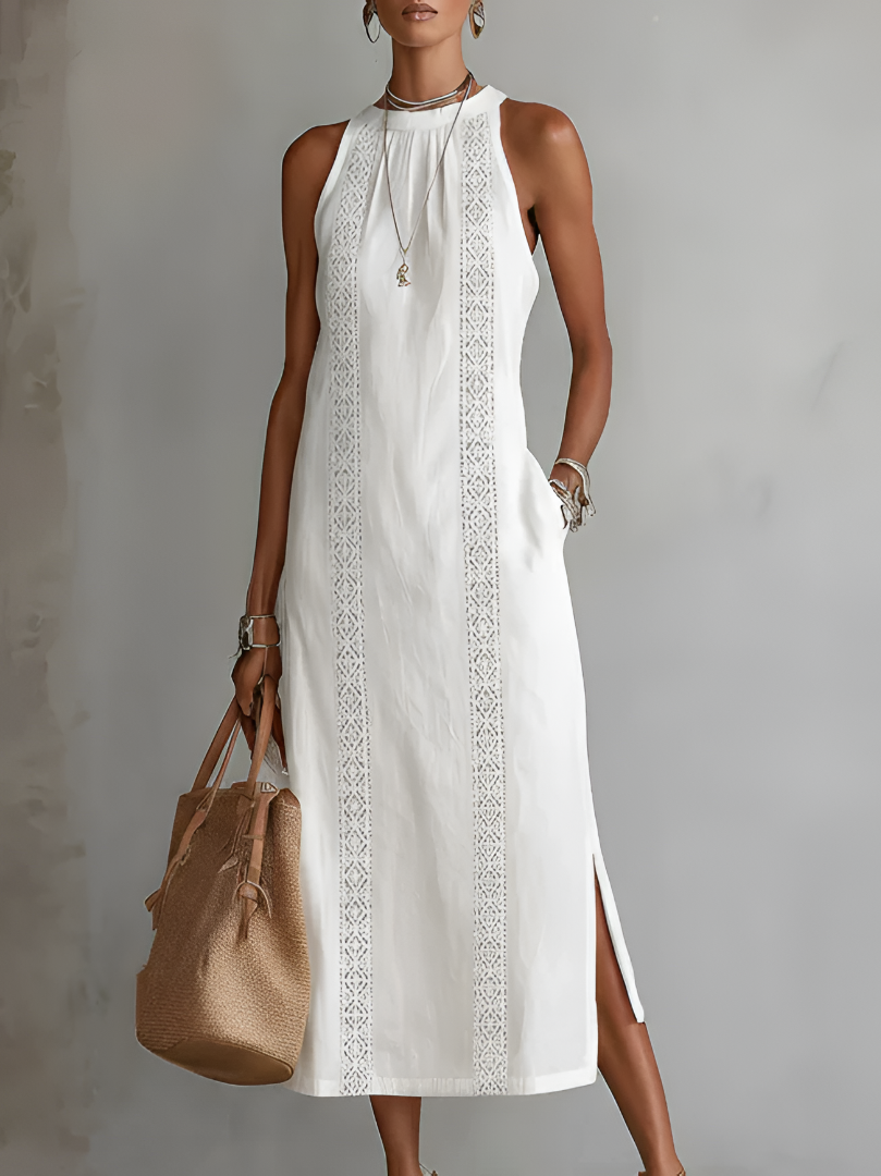 Bianca - Rochie midi din in cu guler mao