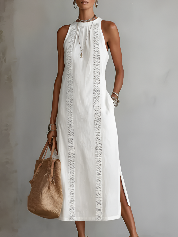 Bianca - Rochie midi din in cu guler mao