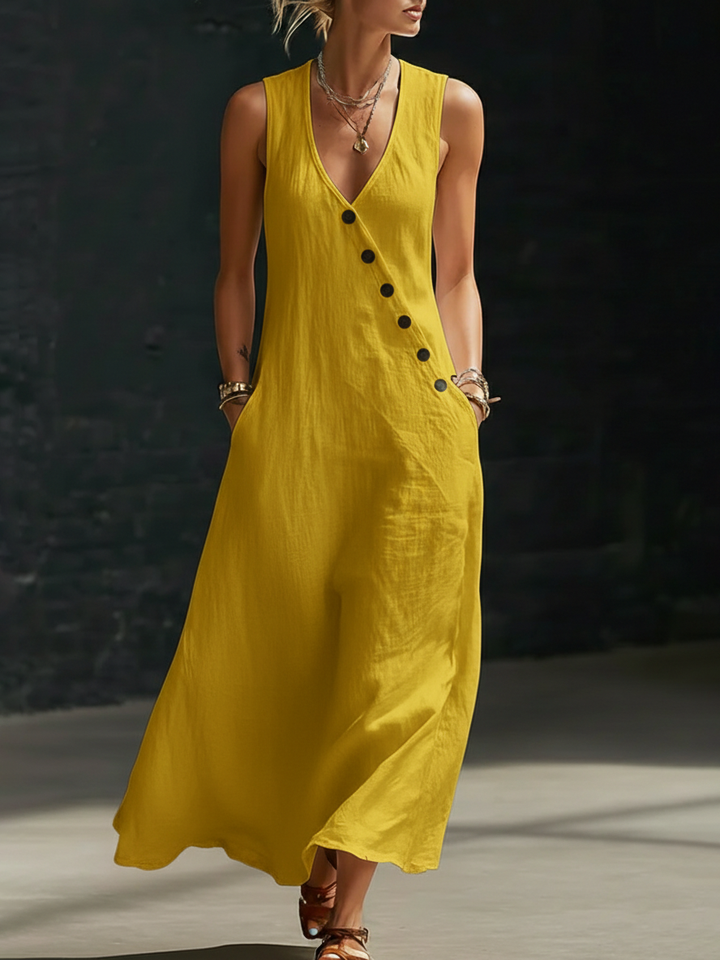 Graziella™ – Rochie Maxi cu Nasturi și Decolteu în V