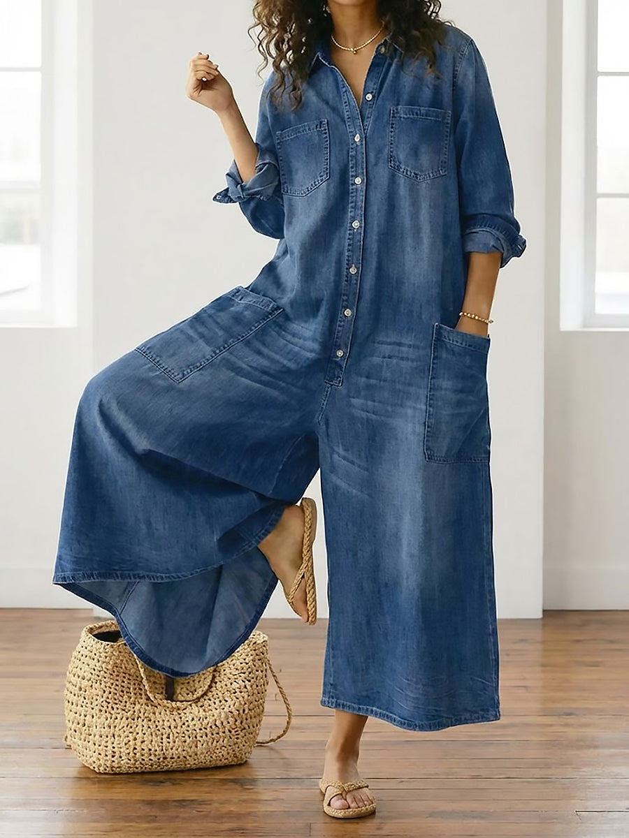Diana | Salopetă din denim din bumbac moale, spălată vintage, cu închidere cu nasturi
