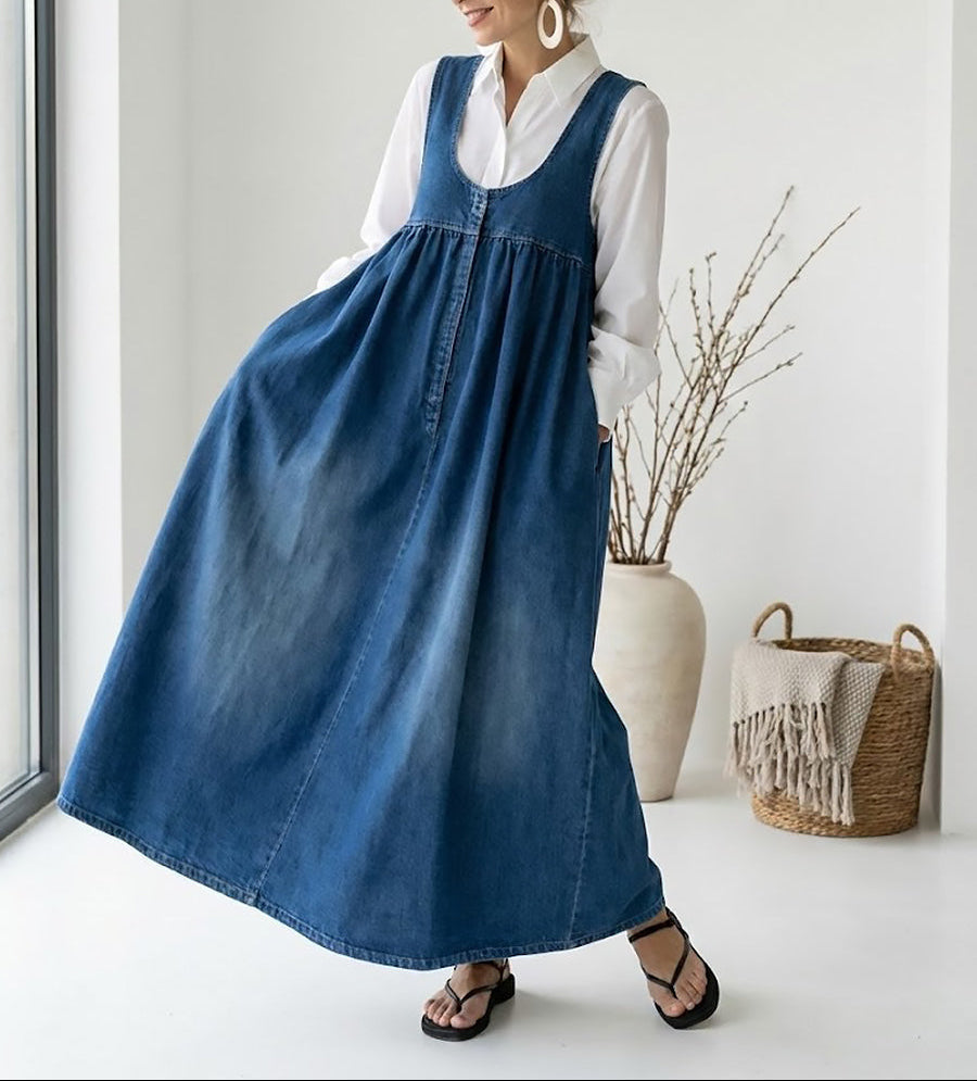 Karen | Rochie Maxi din Denim cu Aspect Vintage și Textură Moale din Bumbac