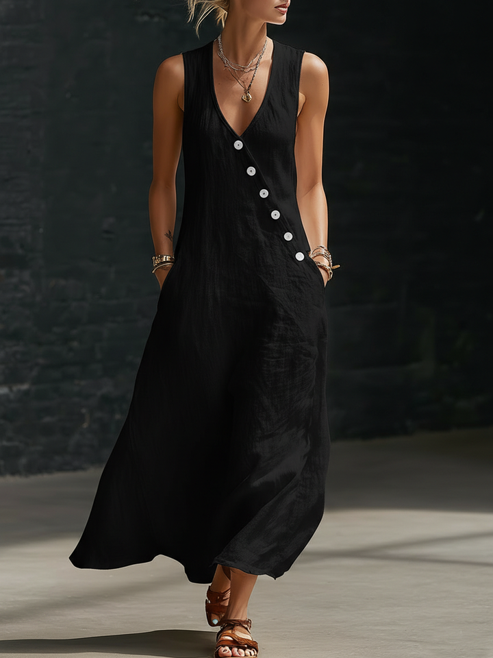 Graziella™ – Rochie Maxi cu Nasturi și Decolteu în V