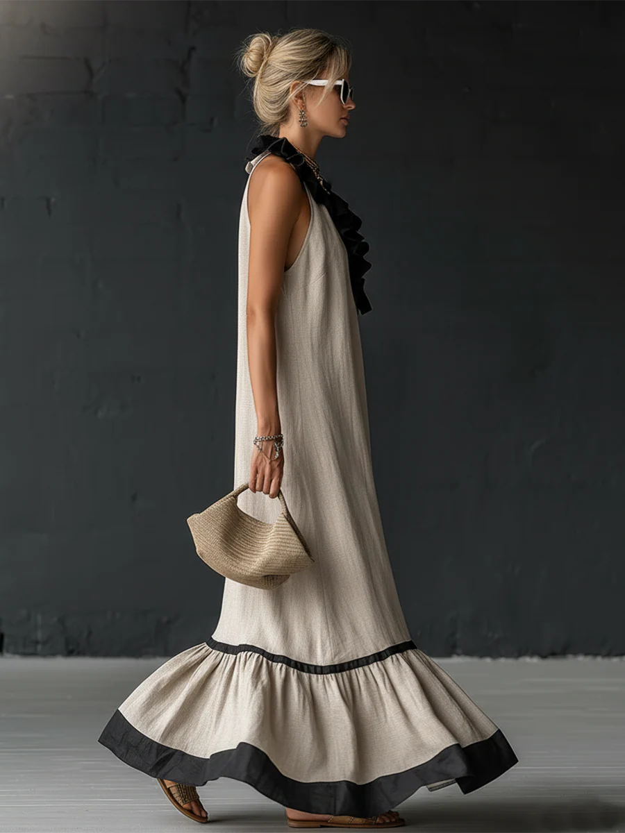 Rochie maxi elegantă și romantică cu volane și blocuri de culoare