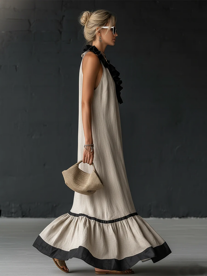 Rochie maxi elegantă și romantică cu volane și blocuri de culoare