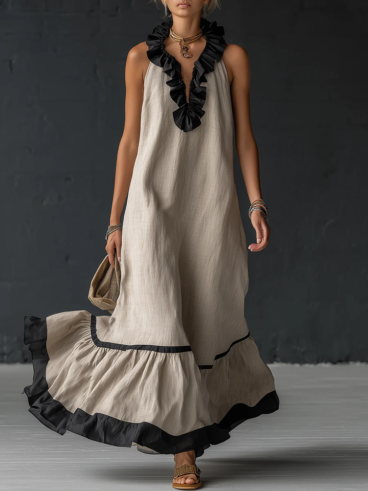 Rochie maxi elegantă și romantică cu volane și blocuri de culoare