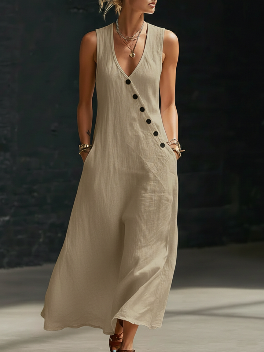 Graziella™ – Rochie Maxi cu Nasturi și Decolteu în V