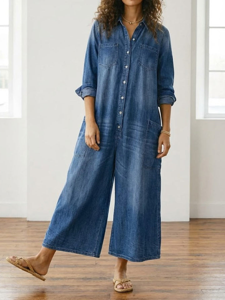 Diana | Salopetă din denim din bumbac moale, spălată vintage, cu închidere cu nasturi