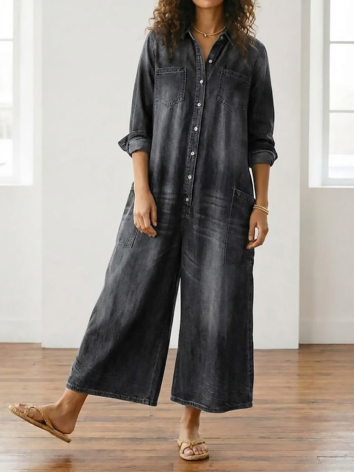 Diana | Salopetă din denim din bumbac moale, spălată vintage, cu închidere cu nasturi
