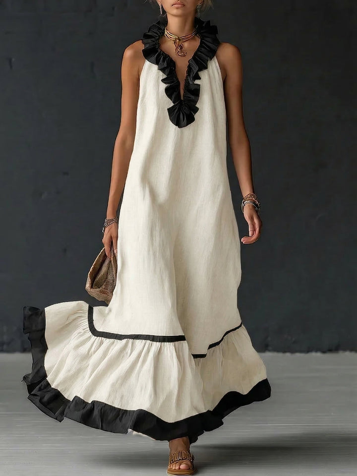 Rochie maxi elegantă și romantică cu volane și blocuri de culoare