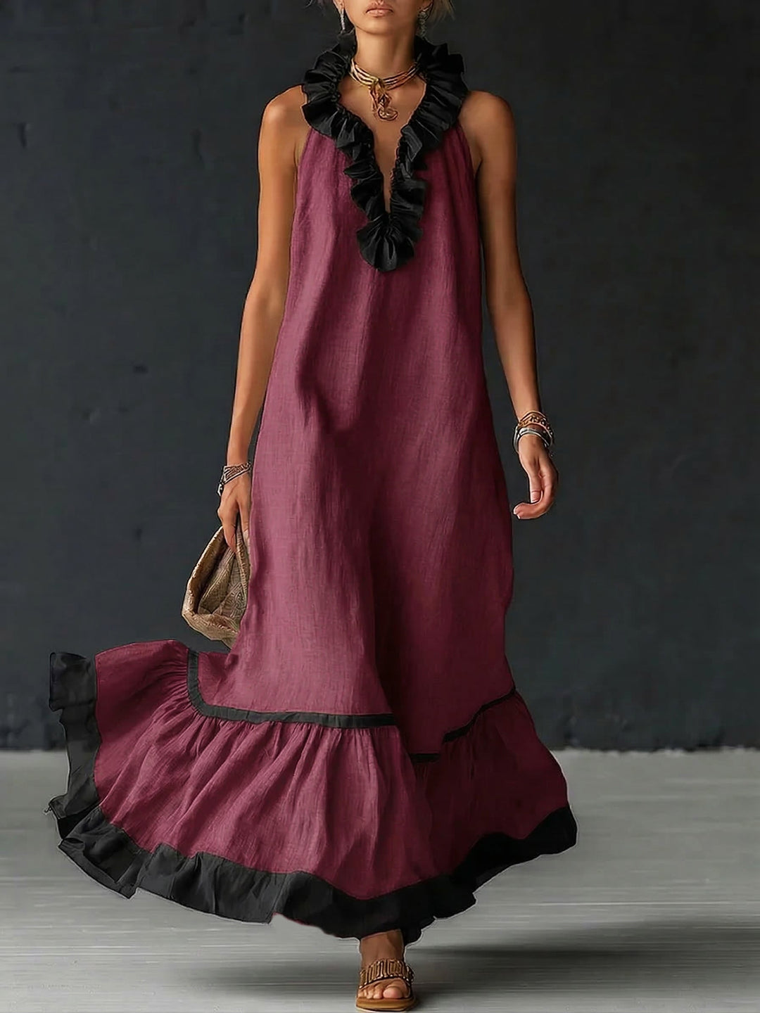 Rochie maxi elegantă și romantică cu volane și blocuri de culoare