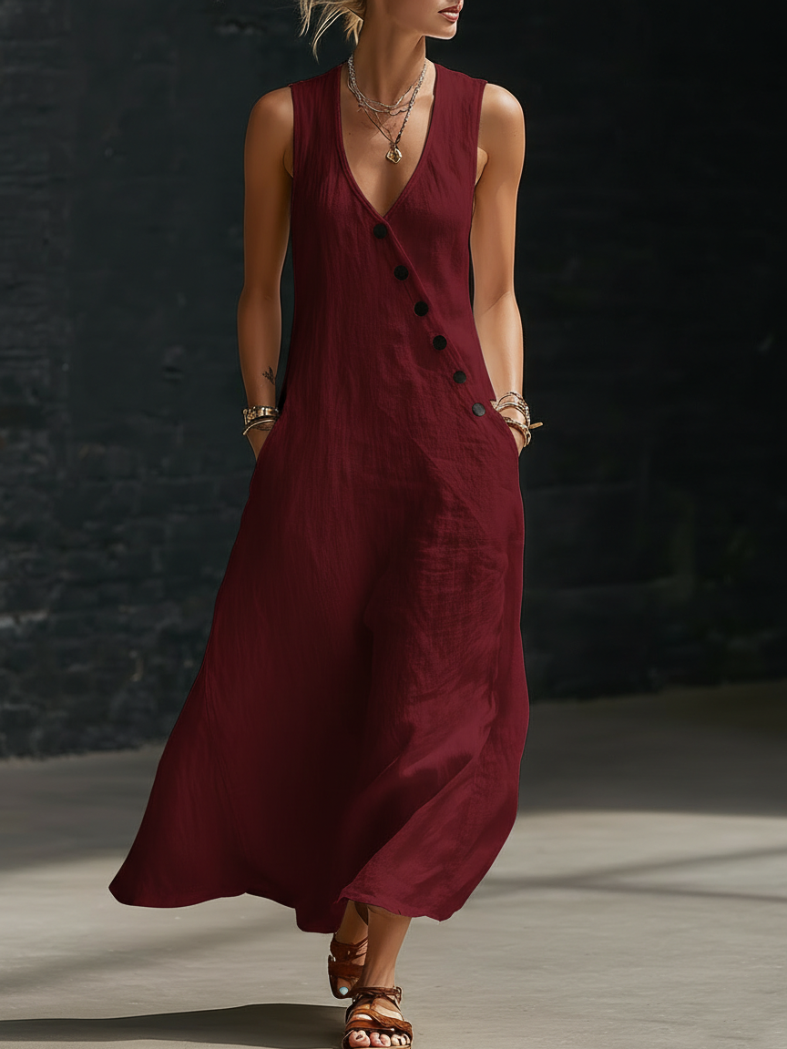 Graziella™ – Rochie Maxi cu Nasturi și Decolteu în V