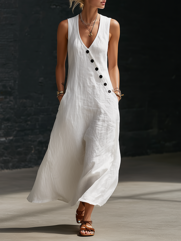 Graziella™ – Rochie Maxi cu Nasturi și Decolteu în V