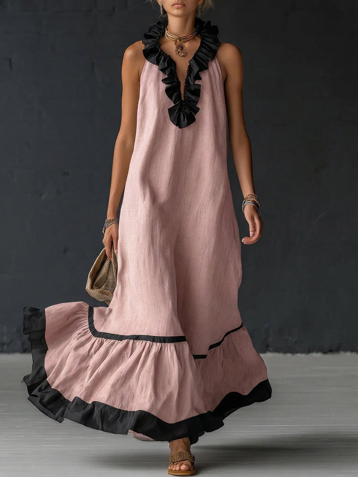 Rochie maxi elegantă și romantică cu volane și blocuri de culoare