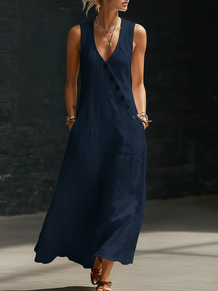 Graziella™ – Rochie Maxi cu Nasturi și Decolteu în V