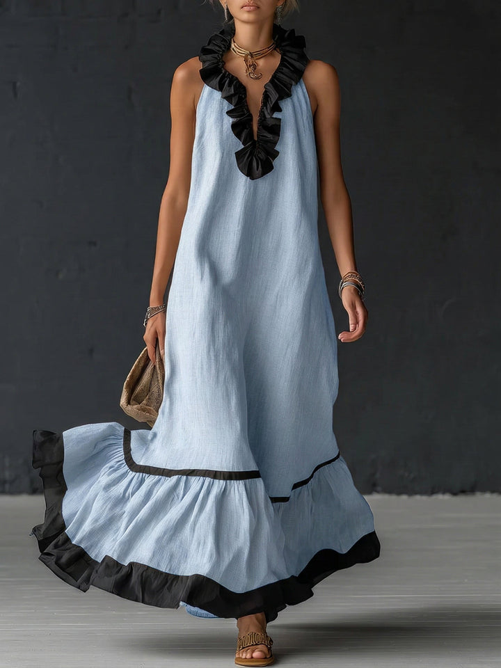 Rochie maxi elegantă și romantică cu volane și blocuri de culoare