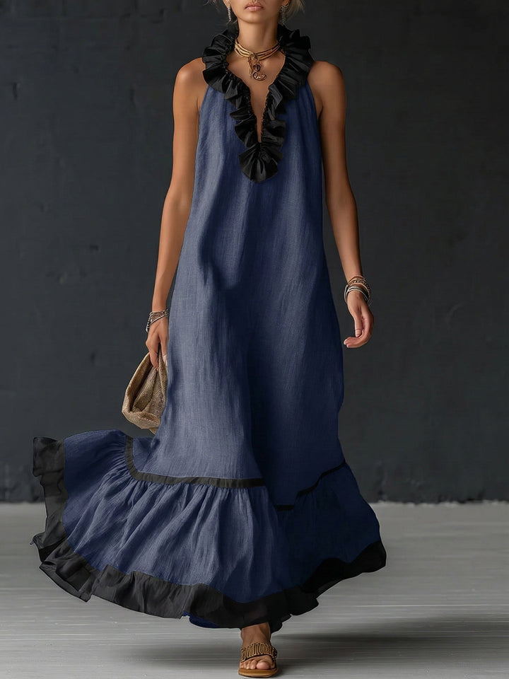 Rochie maxi elegantă și romantică cu volane și blocuri de culoare
