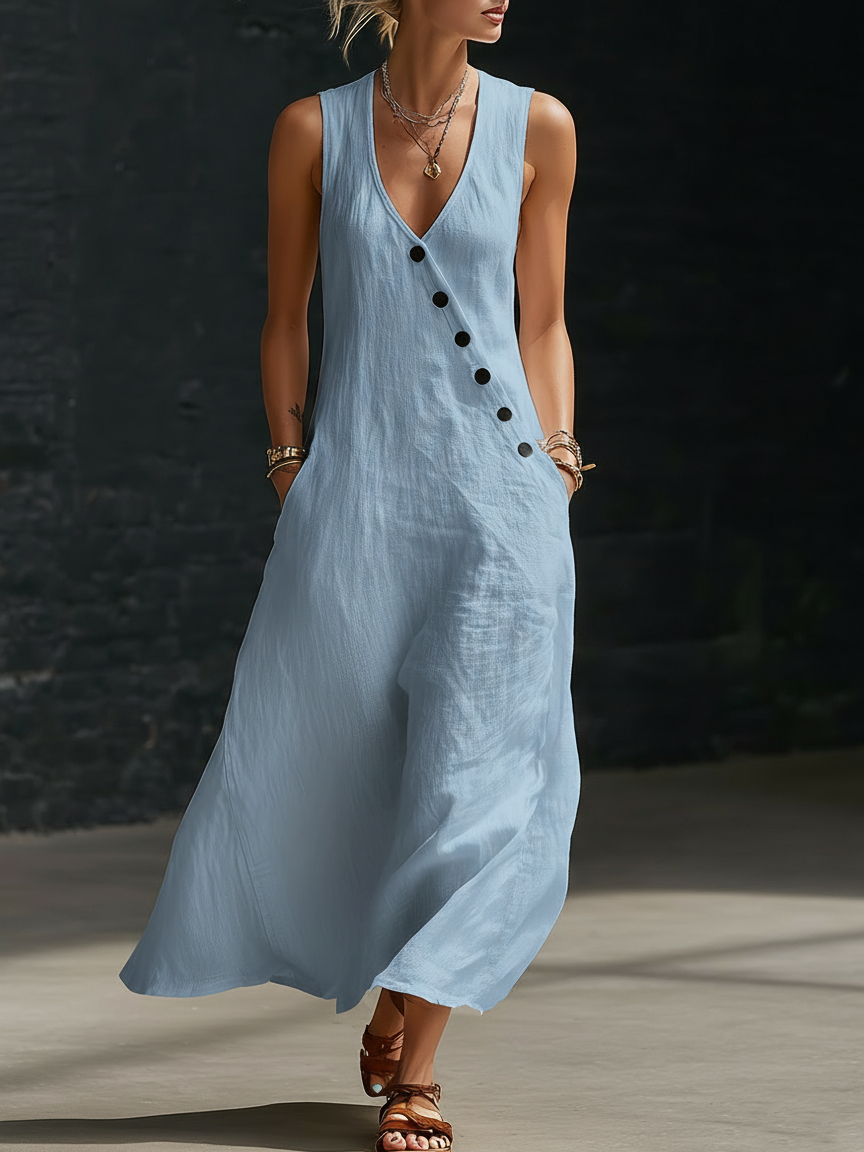 Graziella™ – Rochie Maxi cu Nasturi și Decolteu în V