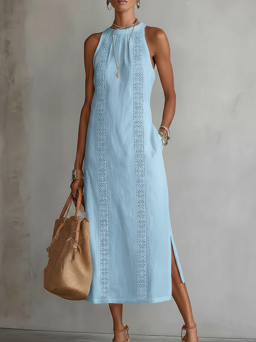 Bianca - Rochie midi din in cu guler mao