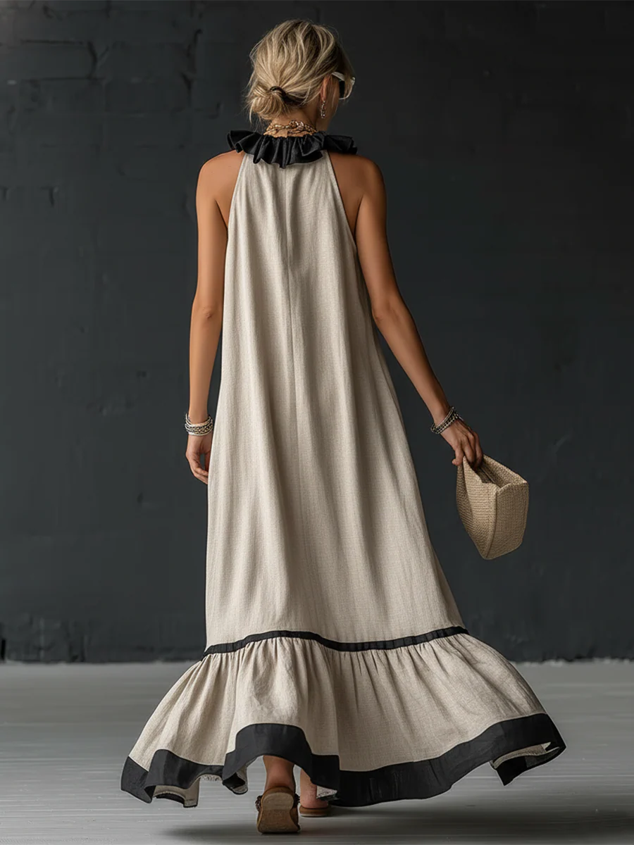 Rochie maxi elegantă și romantică cu volane și blocuri de culoare