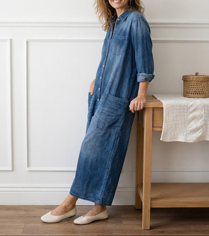 Diana | Salopetă din denim din bumbac moale, spălată vintage, cu închidere cu nasturi