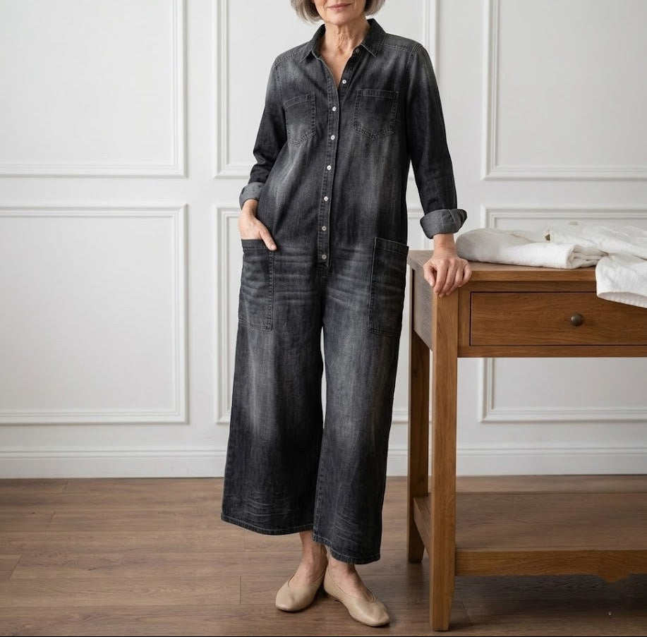 Diana | Salopetă din denim din bumbac moale, spălată vintage, cu închidere cu nasturi