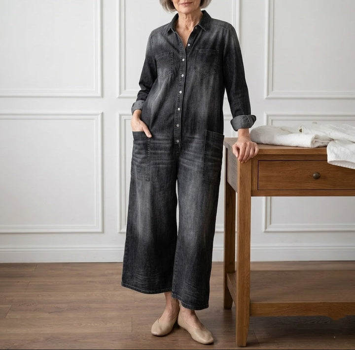 Diana | Salopetă din denim din bumbac moale, spălată vintage, cu închidere cu nasturi