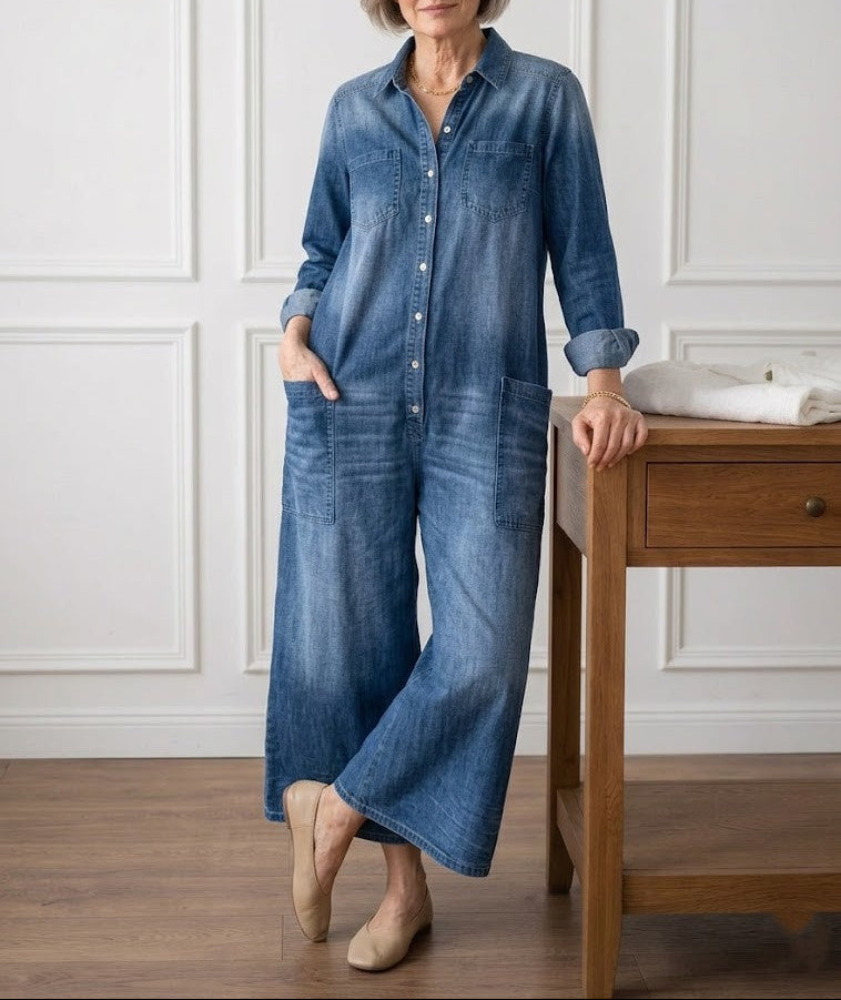 Diana | Salopetă din denim din bumbac moale, spălată vintage, cu închidere cu nasturi